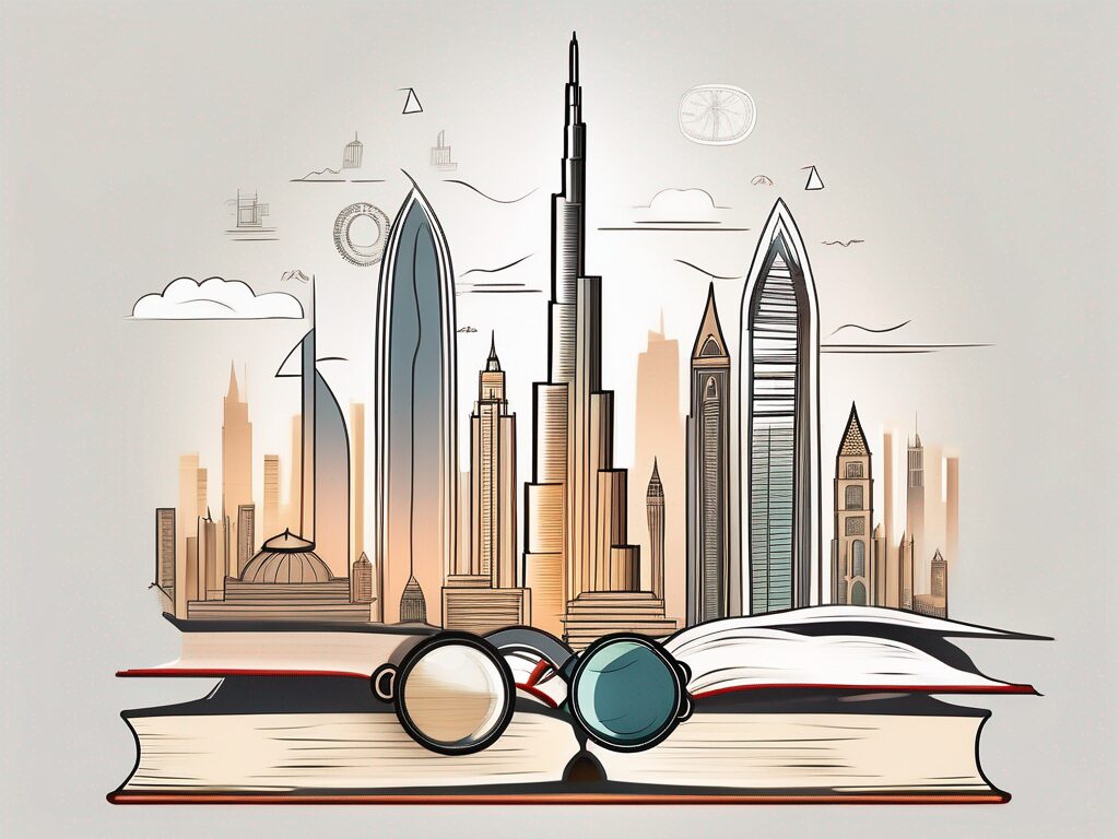 Dubai's iconic skyline with various educational symbols such as books