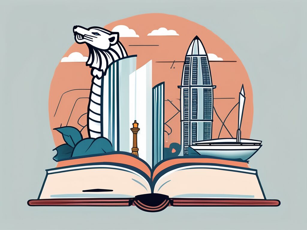 A key unlocking a book with symbols of english language and singapore's iconic landmarks like merlion and marina bay sands