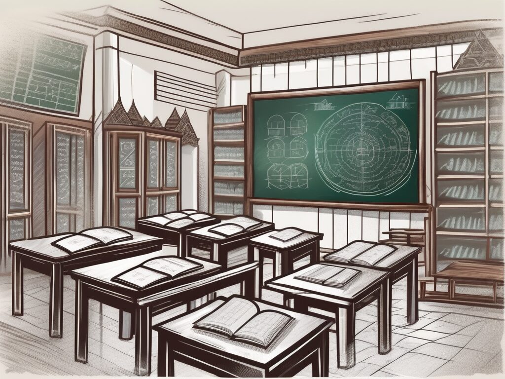 A classroom setting in thailand with a chalkboard displaying mathematical equations