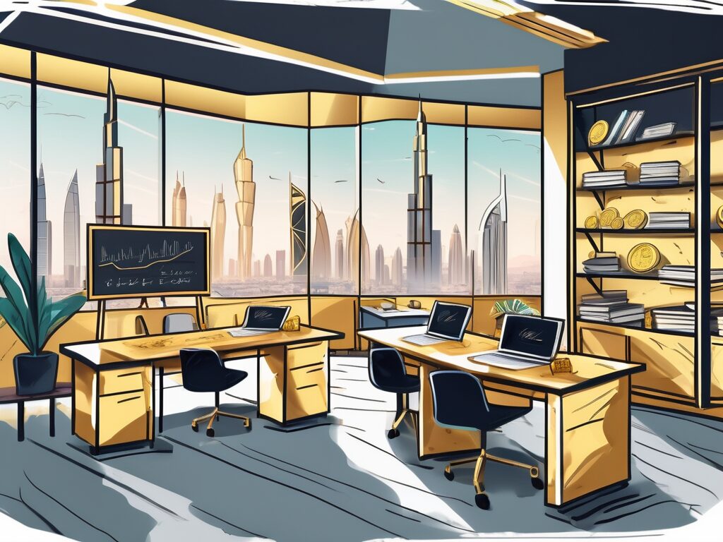 A vibrant classroom setting in dubai with a view of the city's iconic skyline