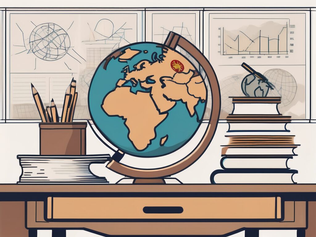 A classroom setting with various international symbols