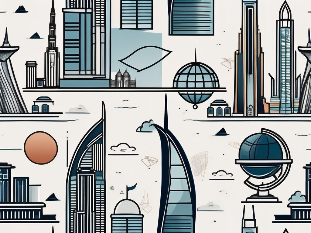 Dubai's skyline with iconic educational symbols like a graduation cap