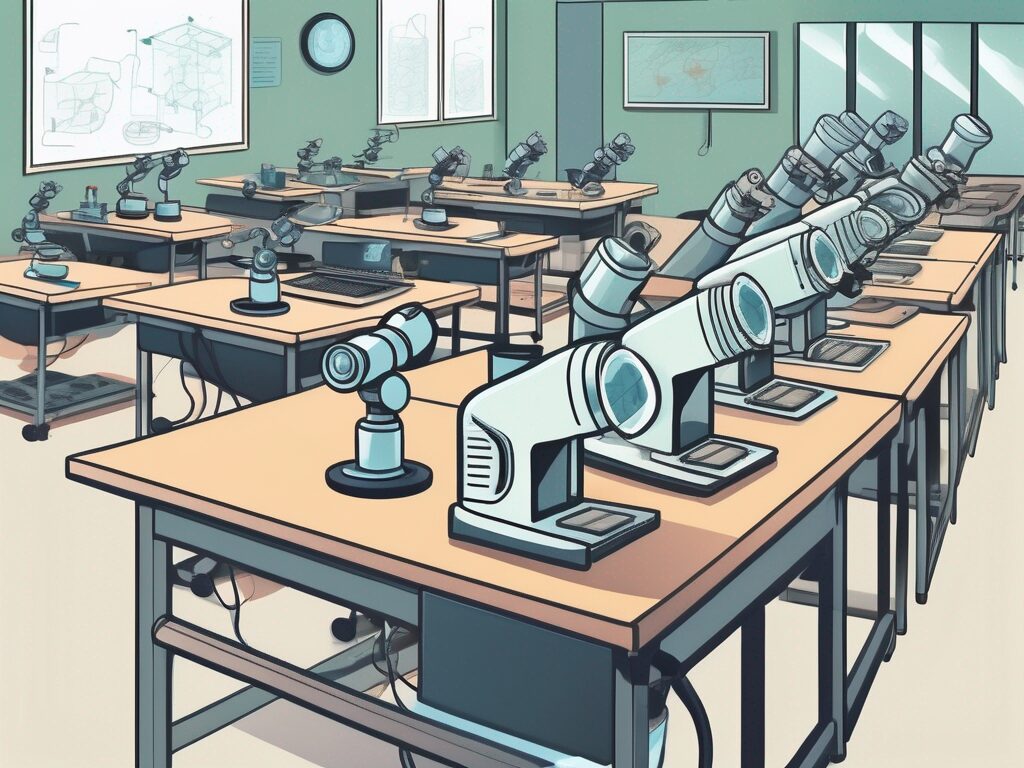 A classroom setting in thailand filled with various stem-related equipment like microscopes