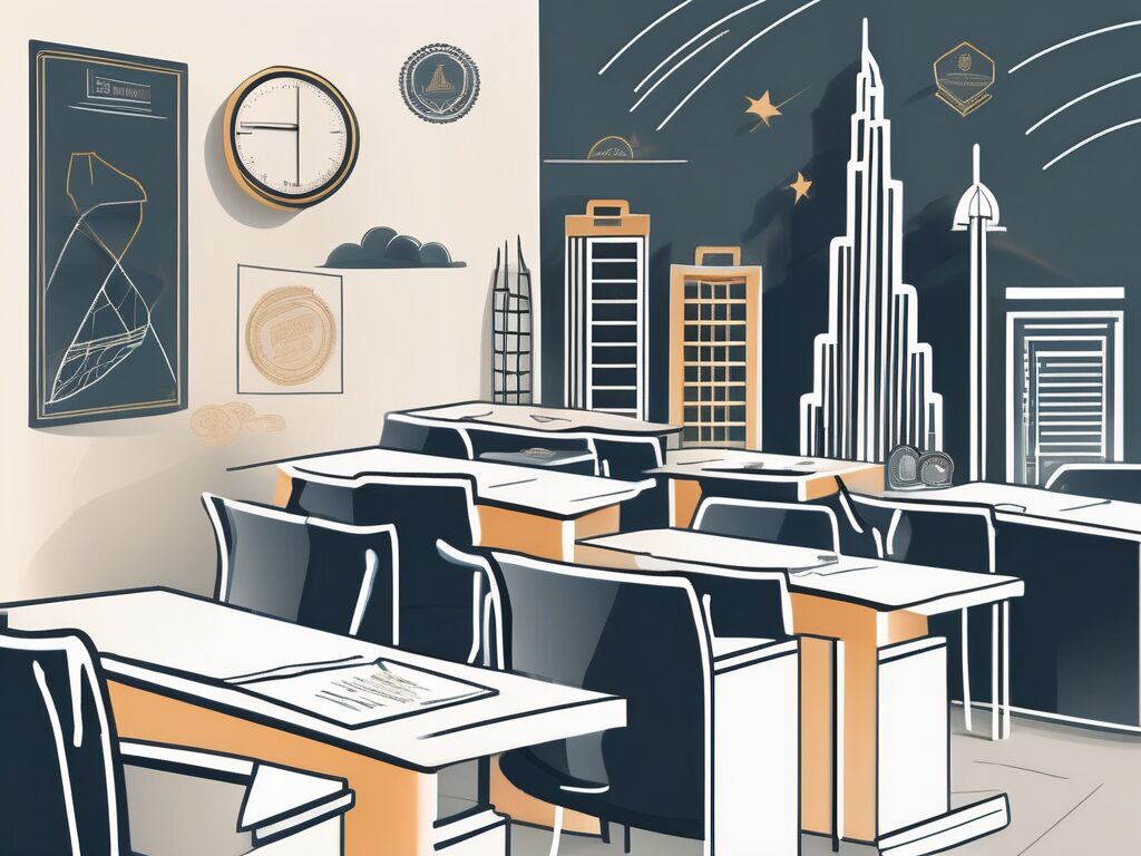 A classroom setting in dubai with highlighted elements such as a graduation cap